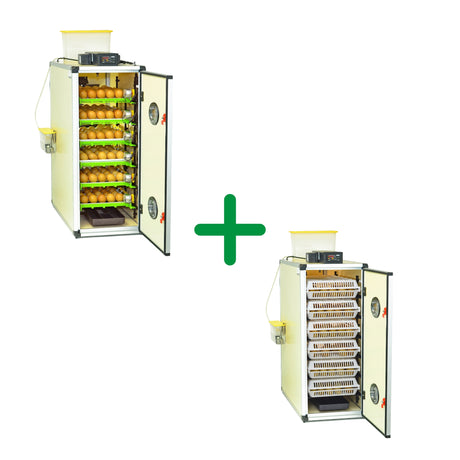 An image showing two parts of an egg incubator kit; one with multiple trays of eggs being turned automatically and another showing the egg trays in a vertical configuration indicating the hatching stage.
