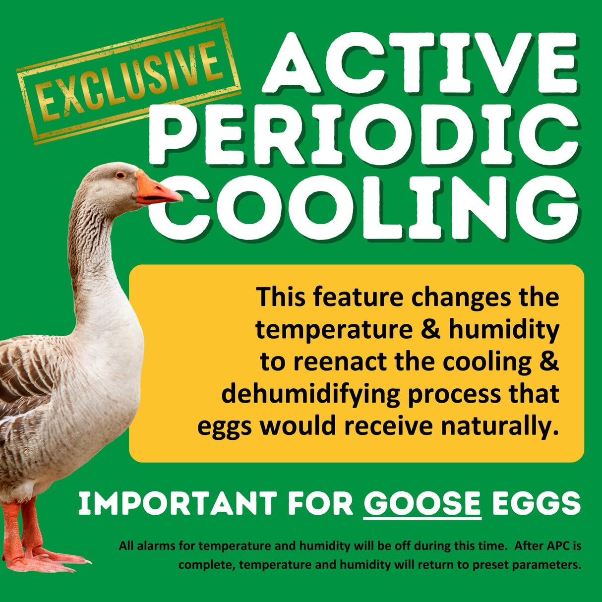 Hatching Time CT60H 120 Eggs Incubator Kit (60 Set + 60 Hatch) active periodic cooling feature highlighted in infographic.