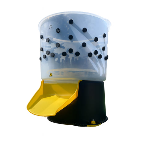 Hatching Time Cimuka. Image shows Food-grade plastic feather plucker with visible feather chute. Rubber plucker fingers can be seen from outside of tub.