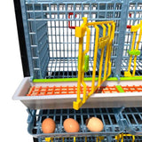 Hatching Time Cimuka. TYK40 15” Chicken cage 2 layer. Image shows chicken cage from front with door open. Full feeding trough with smart feeder can be seen on front. 3 eggs in roll out egg trays can be seen for easy egg collection.