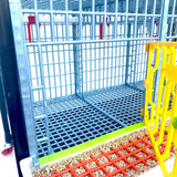 Hatching Time Cimuka GL40 15" Grow out Pen can be seen with door open to show open floor plan. Feeding trough can be seen on front of cage. Automatic Drinker system is attached to walls for ease of access.