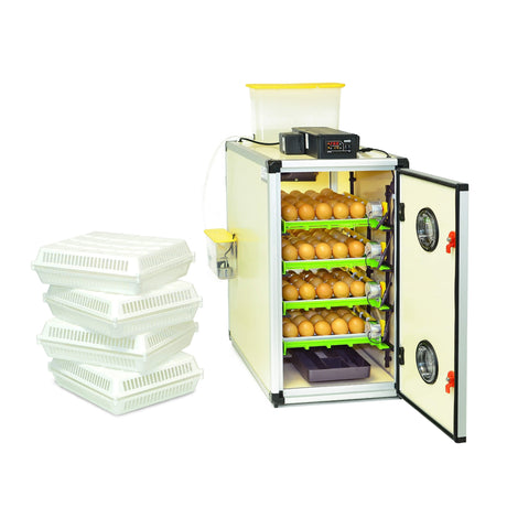 Hatching Time Cimuka CT120 egg setter and hatcher. Cimuka incubator is seen in image with the door open and full egg setter trays inside with brown eggs. A digital control is on top of the incubator in front of a water reservoir tank connected to a Humisonic Humidifier. White hatching baskets are beside the incubator.