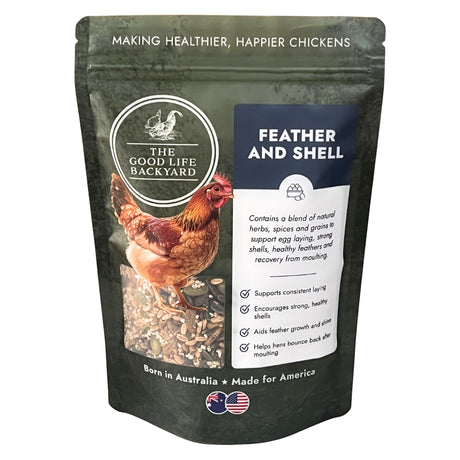 Package of 'The Good Life Backyard' feather and shell supplement for chickens with a chicken illustration on a white background.