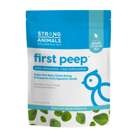 Hatching Time Strong Animals. First peep non-medicated feed supplement for chickens can be seen in image.