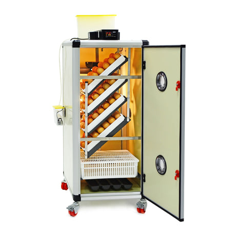 HB175 C - Egg Incubator - Setter & Hatcher - Image shows an open HB incubator with Setter trays and Hatching basket inside. Digital controls can be seen on top in front of water reservoir for Humisonic Humidifier.