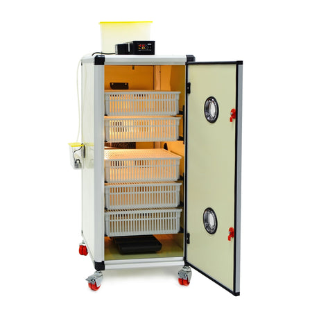 Image shows an open HB175 H - Egg Incubator - Hatcher with Hatching baskets inside. Digital controls can be seen on top in front of water reservoir for Humisonic Humidifier.