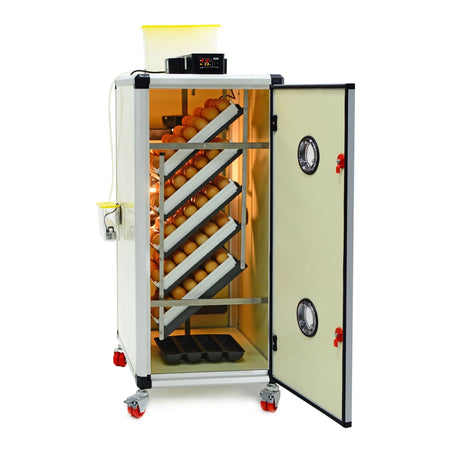 Image shows an open HB175 S - Egg Incubator - Setter with egg Setter trays. Digital controls can be seen on top in front of water reservoir for Humisonic Humidifier.