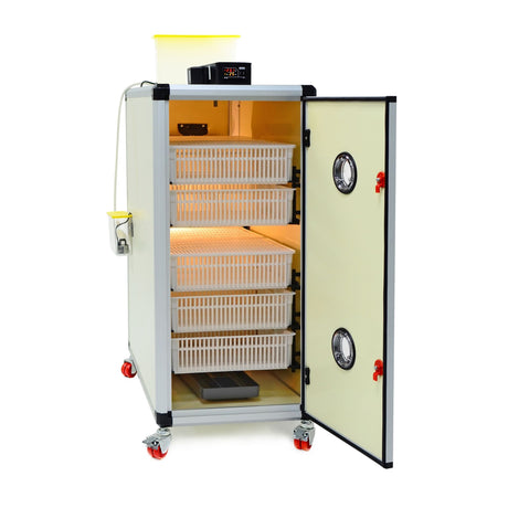 Hatching Time Cimuka. Image shows an open HB350 H - Egg Incubator - Hatcherr with Hatching baskets inside. Digital controls can be seen on top in front of water reservoir for Humisonic Humidifier.