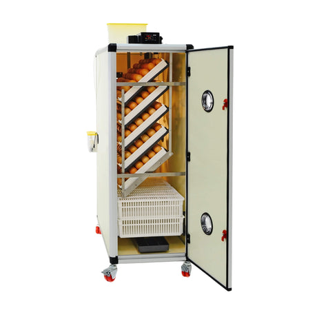 Hatching Time Cimuka HB500 Setter & Hatcher shown with door open and setting trays full of brown eggs. Digital control shown and Humisonic Humidifier. Hatching trays shown in bottom of Incubator. Incubator is on casters for mobility.