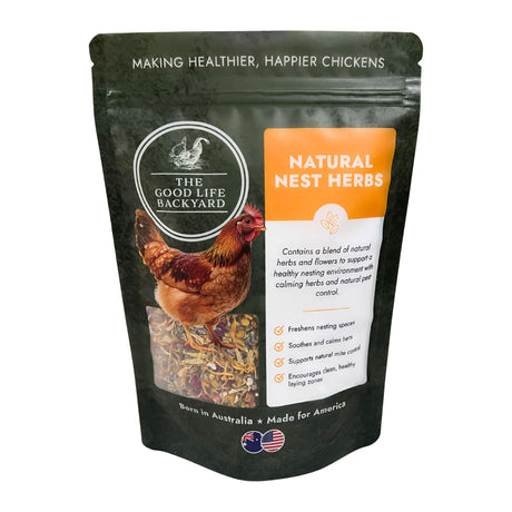 Package of 'The Good Life Backyard' natural nest herbs for chickens on a white background