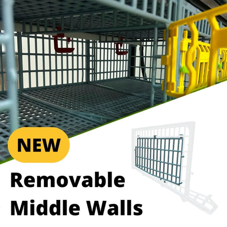Hatching Time Adjustable Middle Wall BYK Cimuka showing interior with open door. Drinker cups visible at back of cage