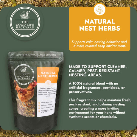 Product packaging for 'Natural Nest Herbs' by The Good Life Backyard with text about its benefits.