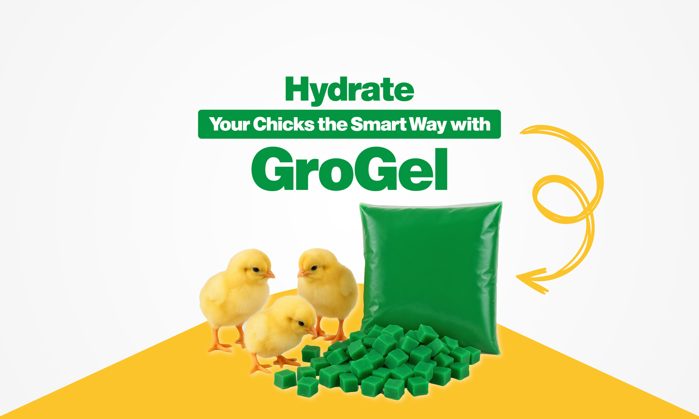 Homepage banner showing GroGel product with chicks and green hydration cubes promoting smart hydration for baby chicks.